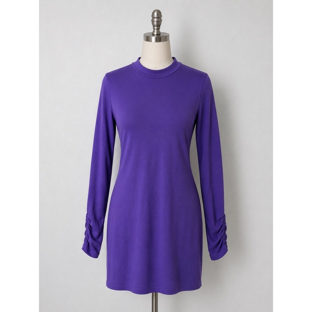 Heart & Hips Purple Mock Neck Long Sleeve Ruched Cuff Bodycon Mini Dress